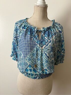 Rose & Olive Blue Tile-Print Peasant Top with Tie Neck